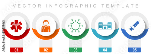 Healthcare icon set, miscellaneous vector icons such as emergency, doctor, virus, hospital and syringe, modern design infographic template, web buttons in 5 color options