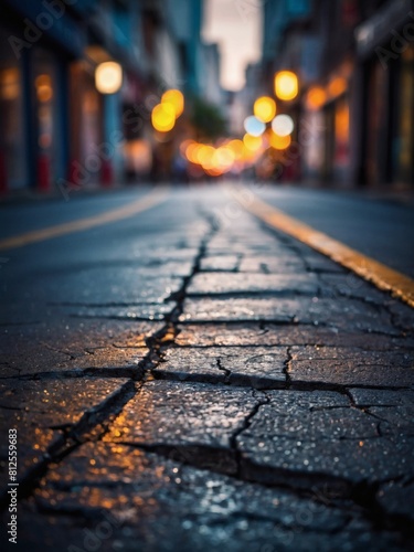 City in Crisis, Blurred Background Enhancing Image of Cracked Road in Busy Street.