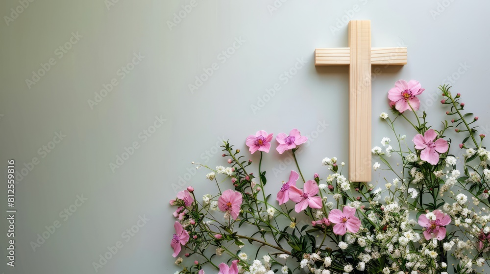 Copy space with a cross-shaped arrangement of flowers and copy of the Book of Common Prayer, offering a serene setting for liturgical or devotional content Copy space with a cross-shaped arrangement of flowers and copy of the Book of Common Prayer, offering a serene setting for liturgical or devotional content