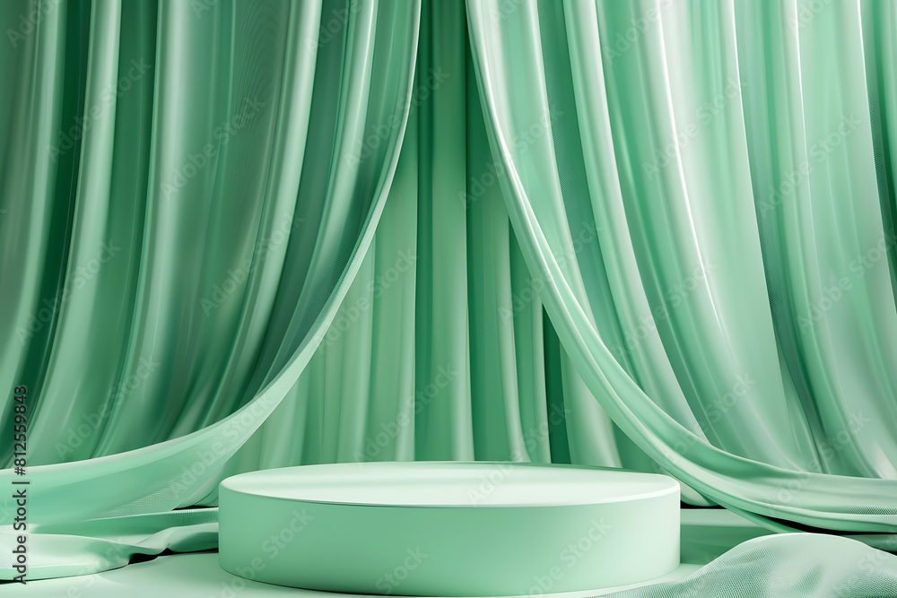 Green podium display with satin wave curtain on green background. Empty pedestal for natural cosmetics products presentation. Minimal abstract background with round stand. 3d rendering. Generative Ai.
