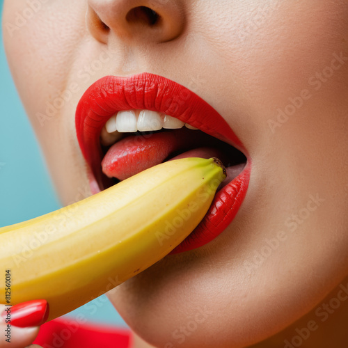 Sexy woman with red lips taking a bite from yellow banana