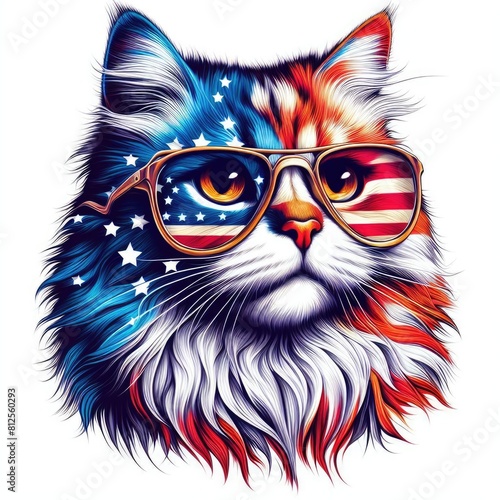 A cat wearing sunglasses with american American flag image art photo lively illustrator.