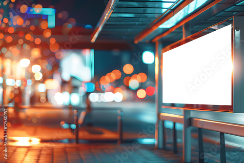 Illuminated blank billboard with copy space for your text message or content, advertising mock up banner of bus station, public information board with blurred mock up. Generative Ai.