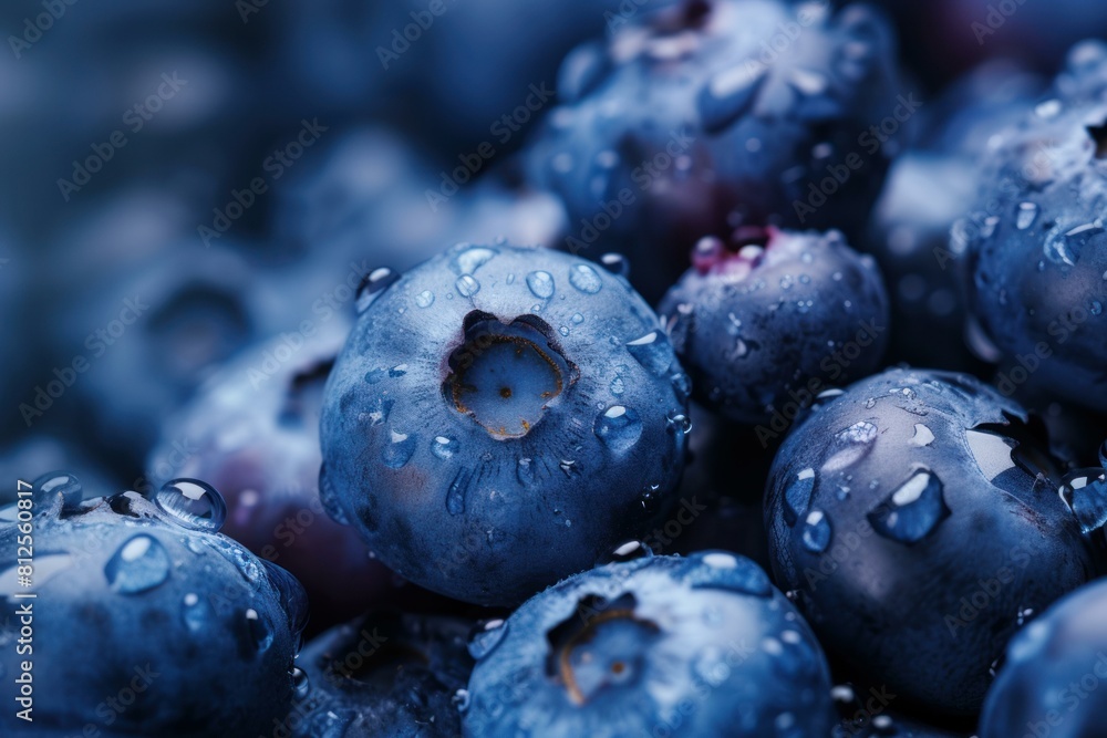 Close-up macro photography of fresh. Ripe. Dewy blueberries with water droplets. Showcasing their juicy. Healthy. And natural texture. Perfect for illustrating organic agriculture and antioxidant-rich Close-up macro photography of fresh. Ripe. Dewy blueberries with water droplets. Showcasing their juicy. Healthy. And natural texture. Perfect for illustrating organic agriculture and antioxidant-rich