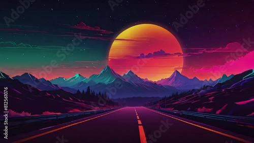 Neon Sunset Over Mountain Road - Synthwave Landscape photo