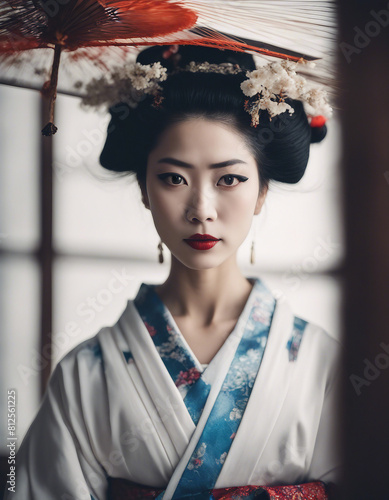 portrait of beautiful geisha in traditional clothes, isolated white background, copy space for a text 