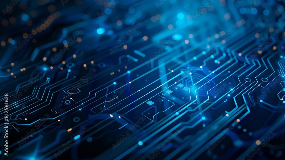 Modern circuit design with advanced tech on deep blue background, top view, ample space. Modern circuit design with advanced tech on deep blue background, top view, ample space.