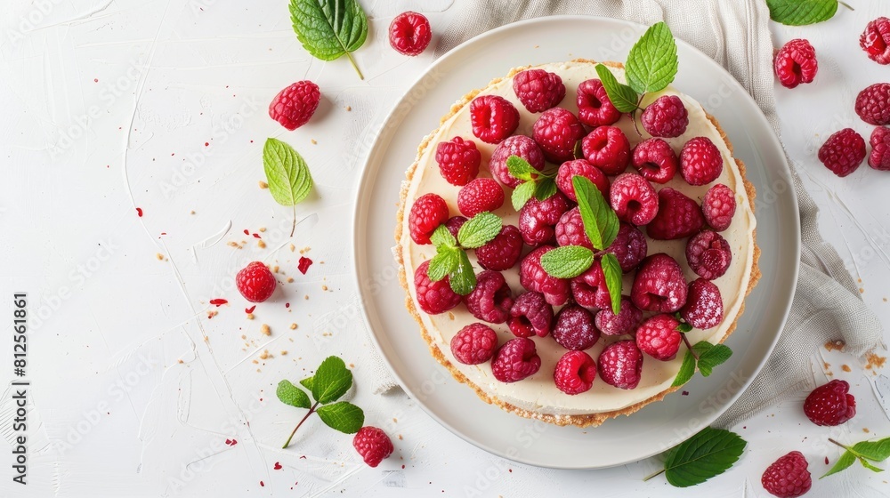 Cheesecake topped with fresh raspberries and mint leaves on a white backdrop Cheesecake topped with fresh raspberries and mint leaves on a white backdrop