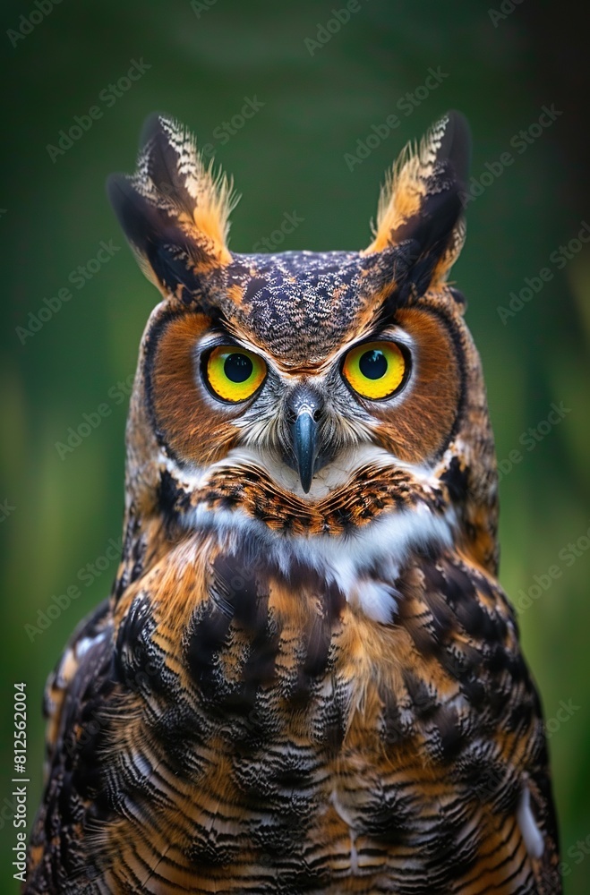 Close-up of owl's face against green trees. Close-up of owl's face against green trees.