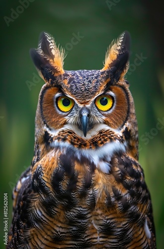 Close-up of owl's face against green trees.