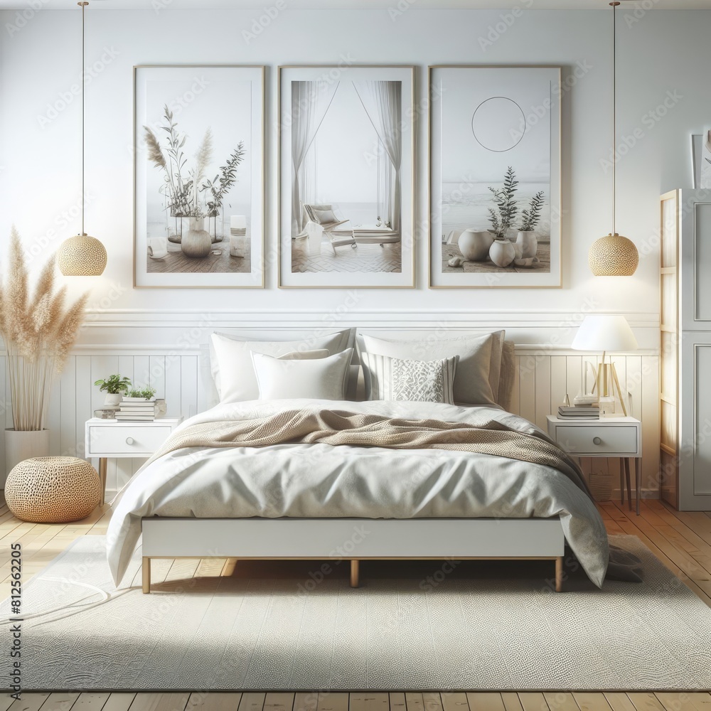 Fototapeta premium Bedroom sets have template mockup poster empty white with Bedroom interior and pictures on the wall image art photo attractive card design.
