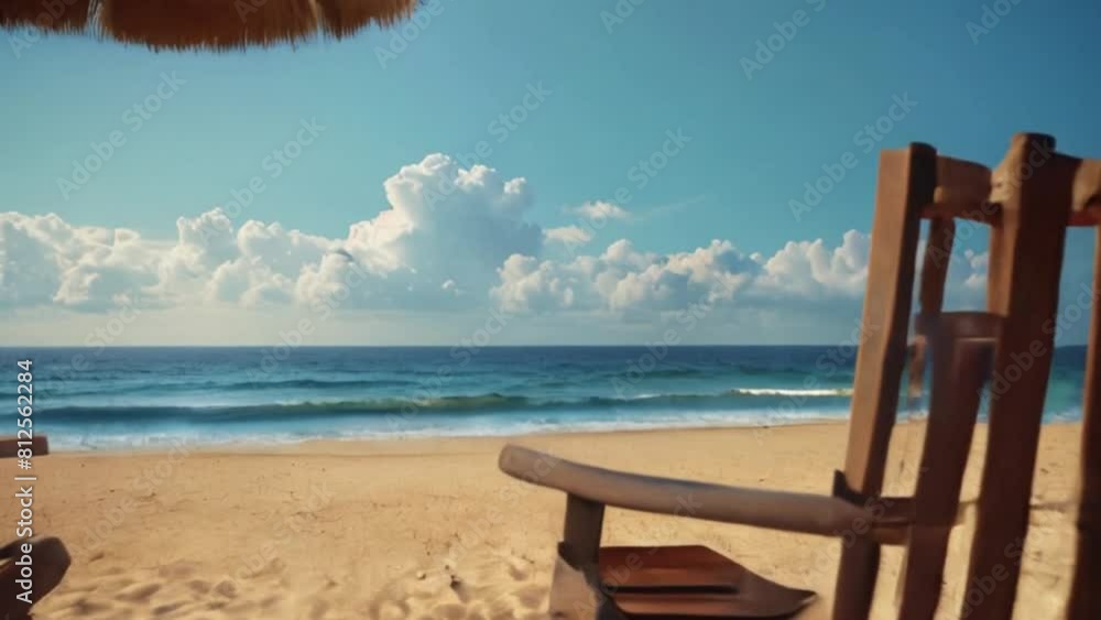 Relaxing Beach Scene with Wooden Chairs, Thatched Umbrella, Ocean Waves, and Blue Sky Relaxing Beach Scene with Wooden Chairs, Thatched Umbrella, Ocean Waves, and Blue Sky