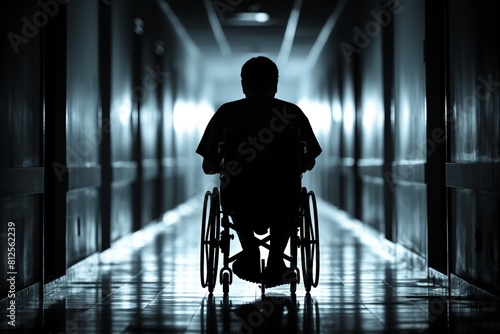 Silhouette of person in wheelchair in corridor