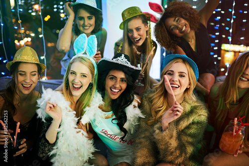 Photography Group, women and bachelorette party in nightclub and happy for friend, fun before marriage to partner