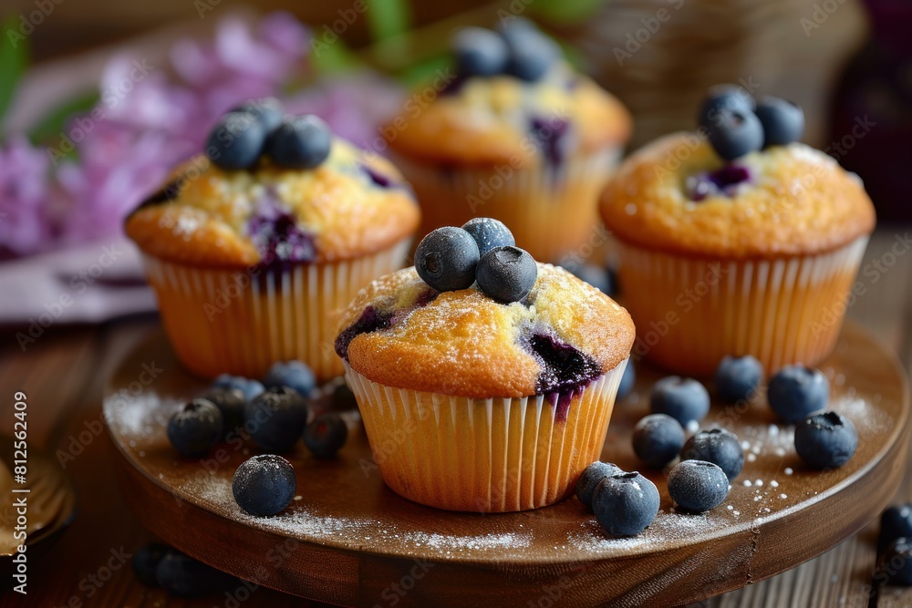 Homemade blueberry muffins sprinkled with sugar on a rustic wooden surface, with fresh berries Homemade blueberry muffins sprinkled with sugar on a rustic wooden surface, with fresh berries