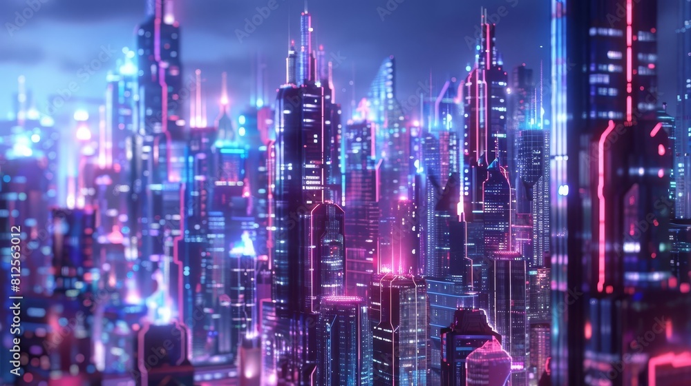 Produce a dynamic side view animation of a futuristic cityscape merging financial trends seamlessly with nanotechnology