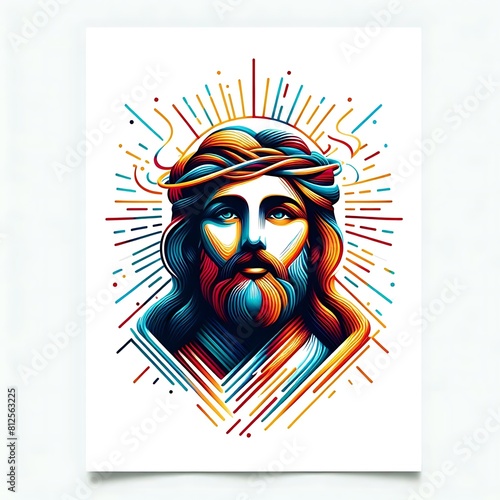 A colorful art of a jesus christ with a crown of thorns image used for printingcard design illustrator. photo