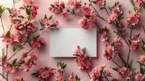 A white card is placed in the middle of a pink flower arrangement