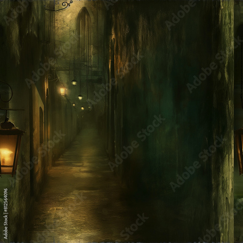 Gothic Architecture in Moonlight, Dark Blue Tones, Mysterious Alleyway Scene