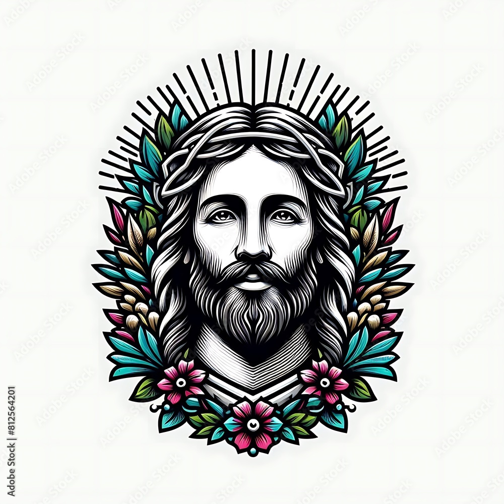 A drawing of a jesus christ with a beard and flowers image art photo attractive harmony illustrator. A drawing of a jesus christ with a beard and flowers image art photo attractive harmony illustrator.