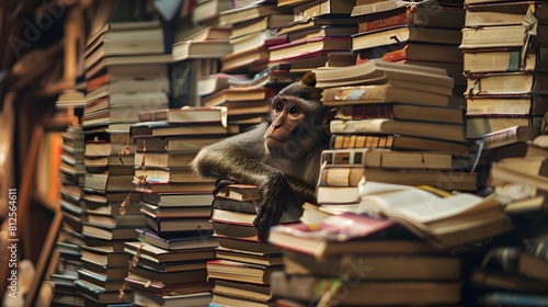 Monkey studying tiredly amidst a stack of old books in a library photo
