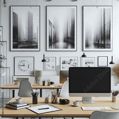 A computer on a desk office work room in a office room with pictures on the wall image art photo harmony.