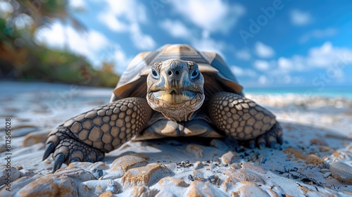 Giant tortoise (Aldabrachelys sp.) crawls toward the camera; Aldabra Island, Seychelles Generative AI photo