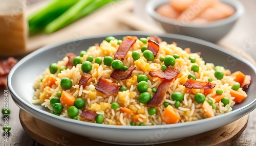 Breakfast fried rice with bacon, carrots, peas, green onions and scrambled eggs 