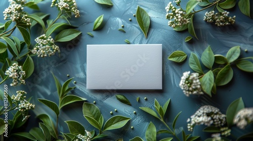 A white card with a logo on it is surrounded by green leaves and white flowers