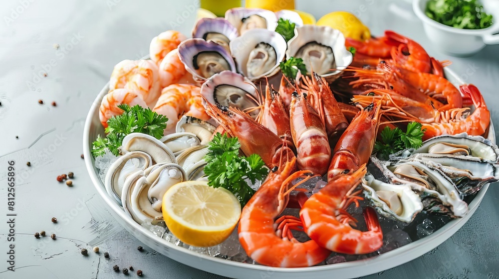 Food and Drinks seafood platter flat design side view ocean bounty theme water color colored pastel Food and Drinks seafood platter flat design side view ocean bounty theme water color colored pastel
