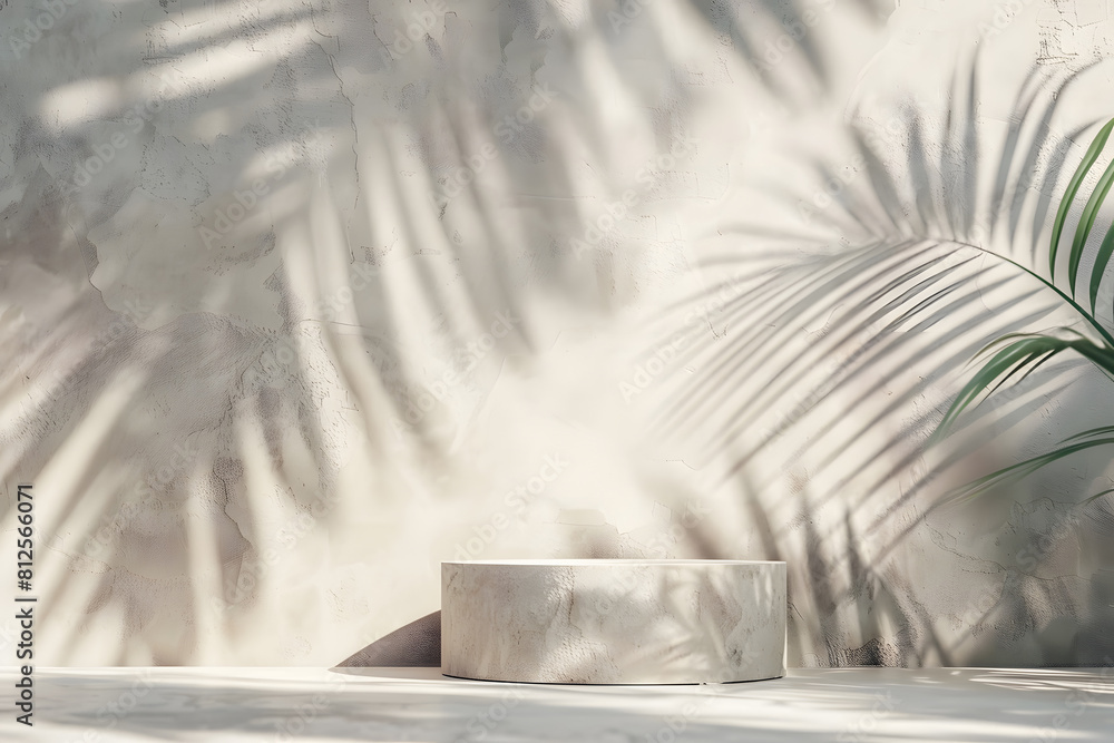 Minimal product placement background with palm shadow on plaster wall. Luxury summer architecture interior aesthetic. Creative product platform stage mockup. Generative Ai. Minimal product placement background with palm shadow on plaster wall. Luxury summer architecture interior aesthetic. Creative product platform stage mockup. Generative Ai.