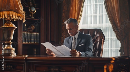A focused executive evaluates paperwork in the prestigious setting of a wood-paneled office, reflecting professionalism and determination. AIG41