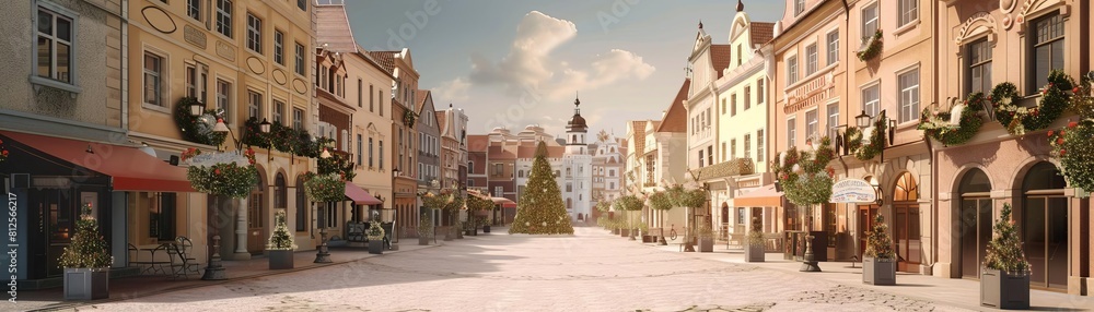 Holiday Decorations old town square flat design front view historical celebration theme 3D render colored pastel