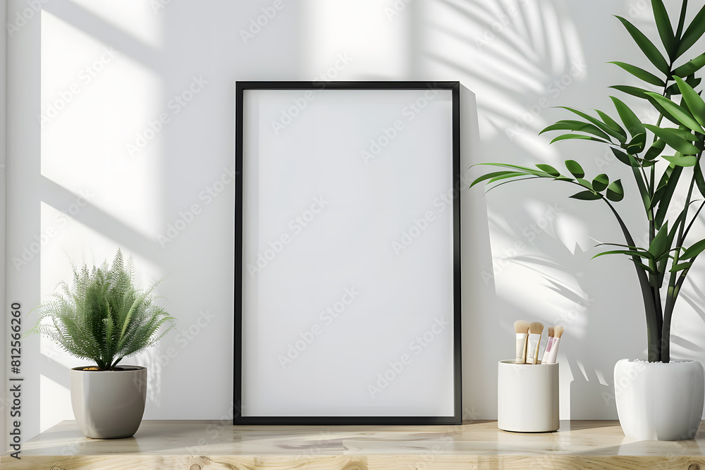 minimalist aesthetic frame mockup poster template on the table leaning on the white wall with home decor and beautiful plant mock up. Generative Ai. minimalist aesthetic frame mockup poster template on the table leaning on the white wall with home decor and beautiful plant mock up. Generative Ai.