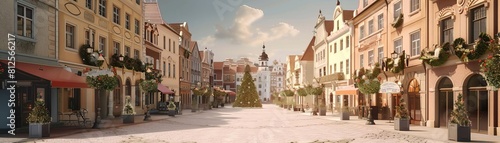 Holiday Decorations old town square flat design front view historical celebration theme 3D render colored pastel