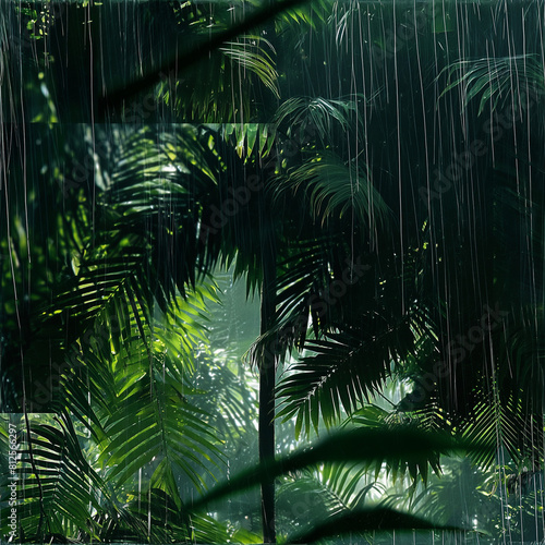 Tropical Rainforest Foliage  Raindrops on Green Leaves  Jungle Scene Illustration