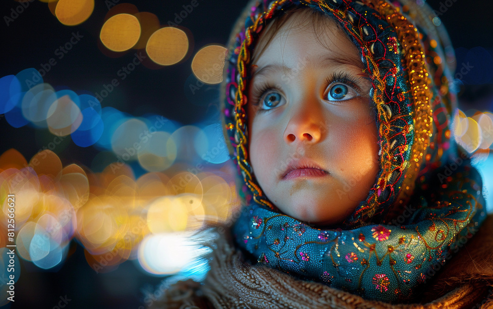 A young girl wearing a scarf and looking up at the camera. The scarf is blue and gold A young girl wearing a scarf and looking up at the camera. The scarf is blue and gold