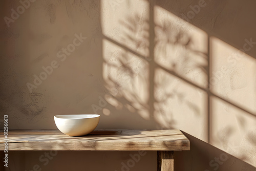 Mock up for presentation  branding products  cosmetics  food or jewellery. Empty table on bright brown wall background. Composition with window shadow on the wall and wooden table. Generative Ai.