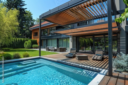 Modern House with Garden Swimming Pool and Wooden Pergola - Luxury Home Design and Architecture 