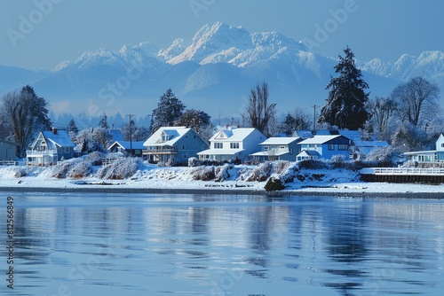 Winter Landscape of Kingston Washington Homes with Olympic Mountains. Puget Sound and Snowy Blue