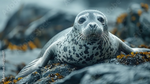 Harbor seal (Phoca vitulina) resting on a rock and watching, Forillon National Park; Quebec, Canada Generative AI