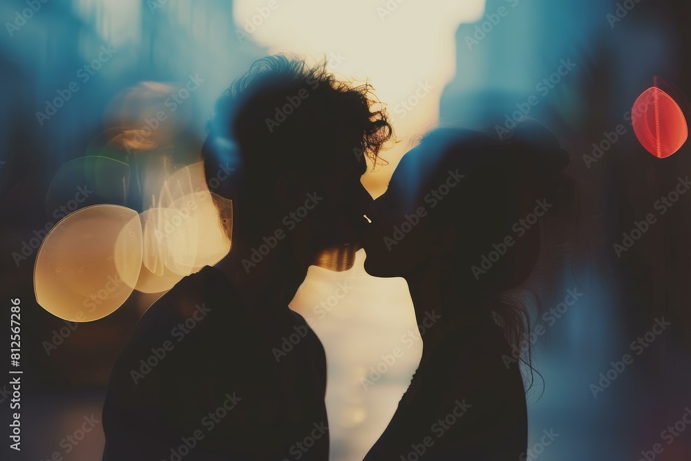 Silhouette of a loving couple kissing with a bokeh city background during twilight