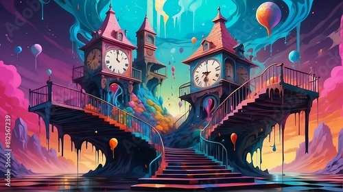 Fantasy scene with stairs, clock and cityscape in the background photo