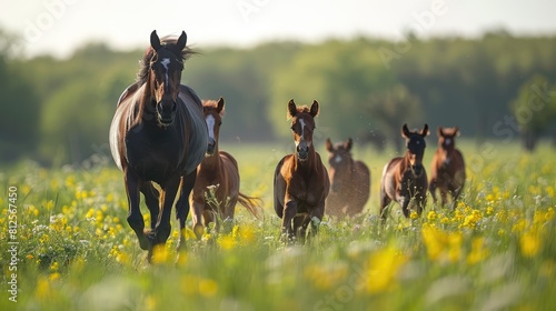 Herd of horses (Equus ferus caballus) with foals running in a green pasture in spring; Europe Generative AI photo