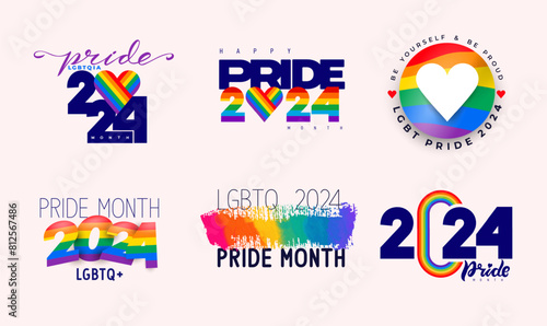 Set of hand draw LGBT pride flag. Rainbow flag with word PRIDE 2024 for poster. Collection of logo LGBTQ love symbol background. Concept colored rainbow design. Vector illustration.