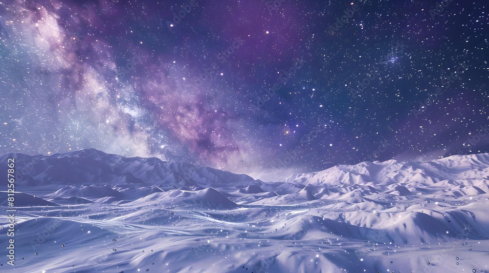 Naklejka premium snowy hills with snow falling, stars shining in the night sky and purple galaxy sky background