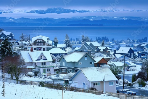 Winter Landscape of Homes near Kingston Washington with Olympic Mountains and Puget Sound. photo