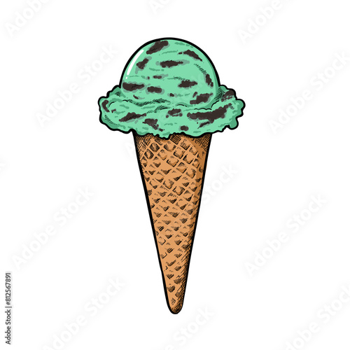 Mint chocolate ice cream cone, Homemade mint choc chip ice cream hand drawn