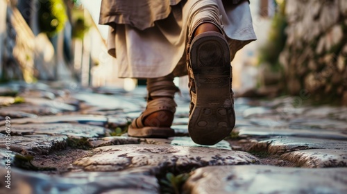 The photo shows a person walking on a stone street. They are wearing brown leather shoes and a long brown robe.