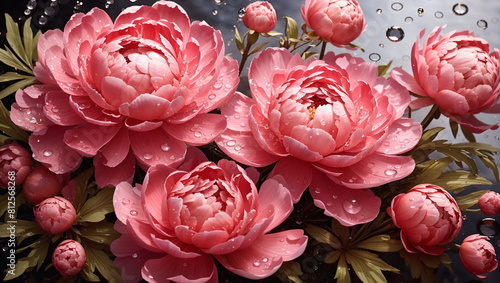 Water drops on a beautiful colorful peony flowers gardens background design wallpaper